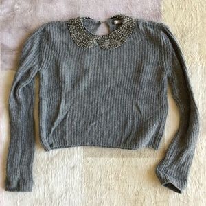 Zara Gray Knit Sweater with Beaded Peter Pan Collar